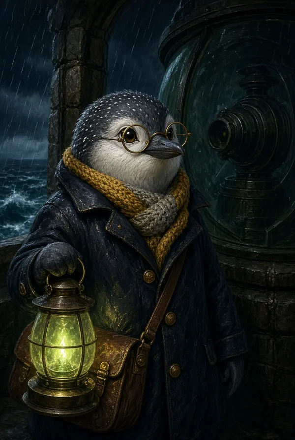 Marnie beside the unlit lamp at the top of the lighthouse, looking out at the storm, her lantern glowing green