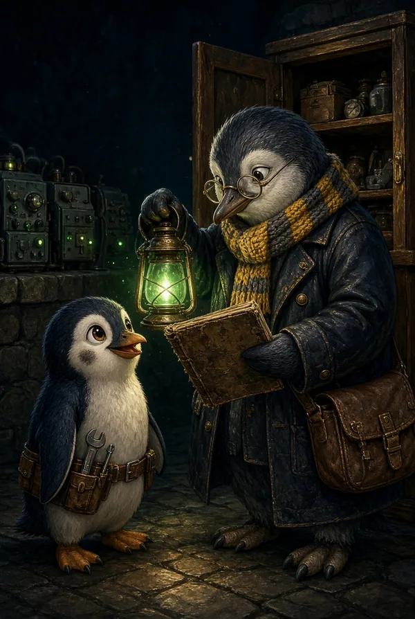 In the machine room beneath the lighthouse, Marnie hands Pip his old notebook by the light of her lantern