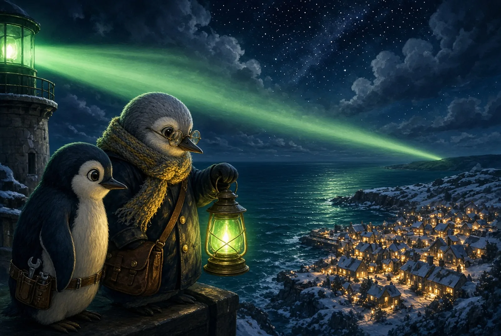 Pip and Marnie at the lighthouse, the beam sweeping green over the sea, the village of Pebble Bay glowing against the snow under a sky full of stars